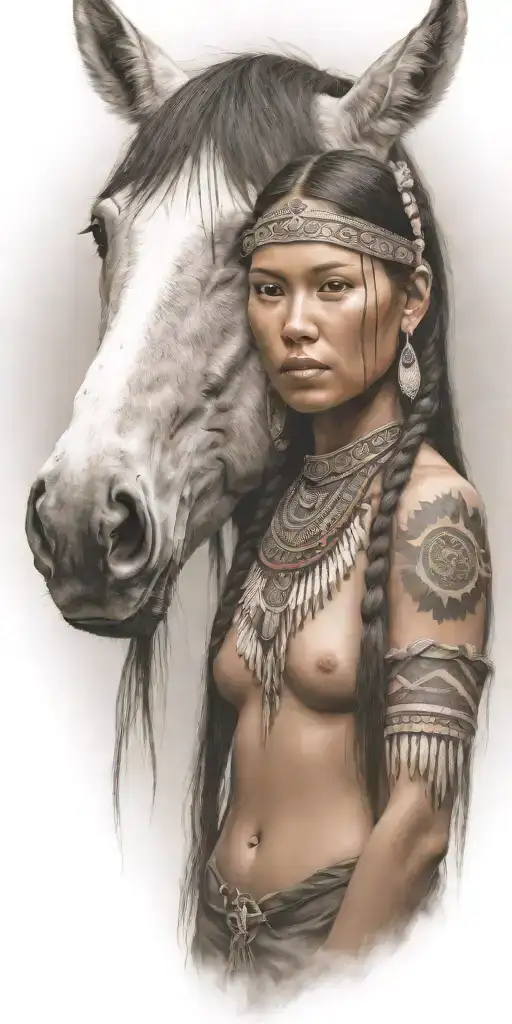 Young Adorable Lakota Woman Full Body Horse