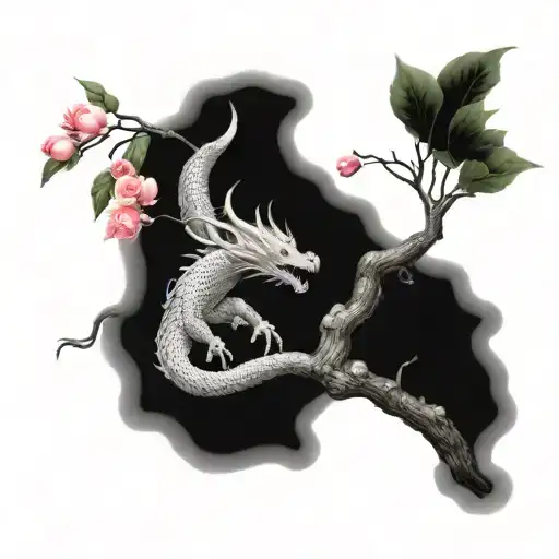 Realistic Depiction Of A Dragon Resting Under A Blossoming Japanese Peach Tree