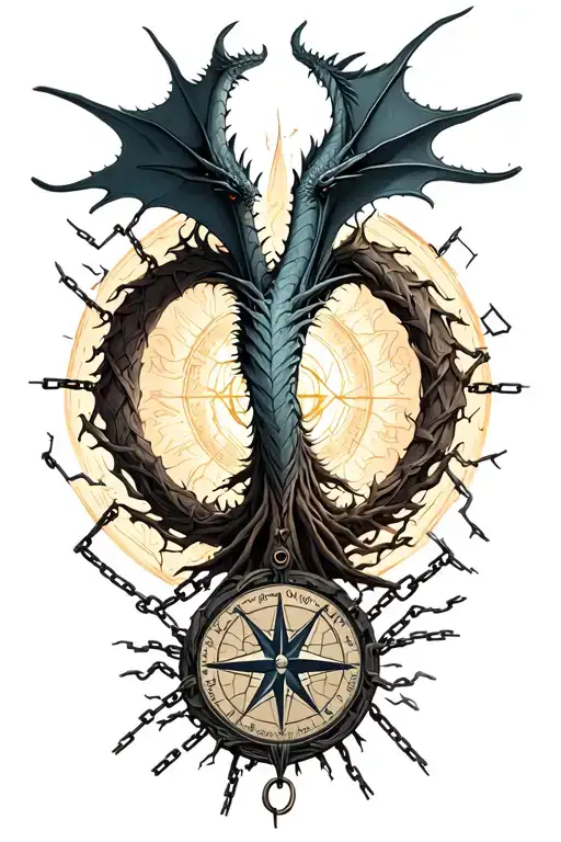 Yggdrasil With Dragon Emerging With Compass And Broken Chains