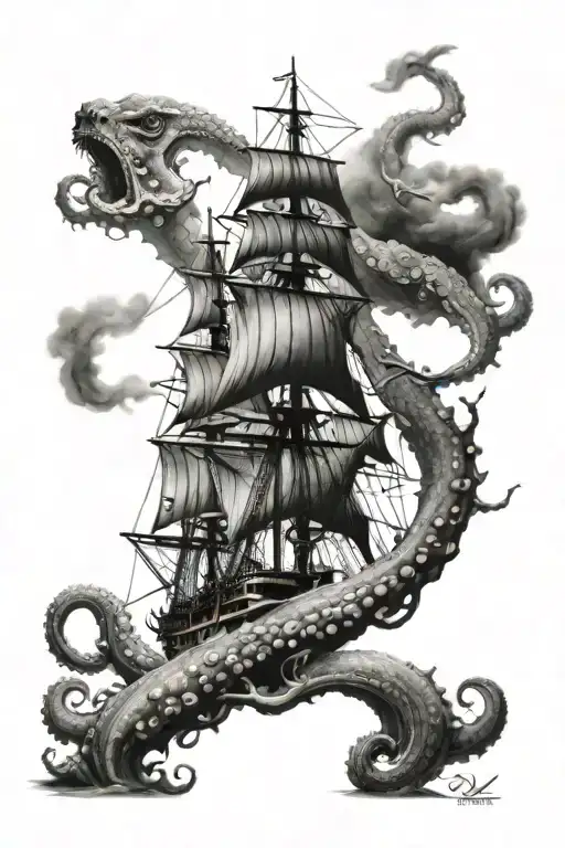 Octopus And Tall Ship Sailing Through Stormy