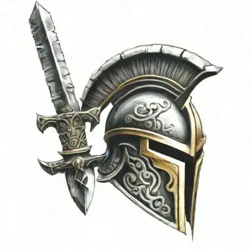 Spartan Helmet And Sword Intertwined