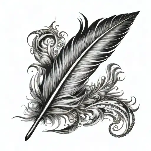 A Black-grey Tattoo Of A Feather Floating In The Wind With Intricate Details