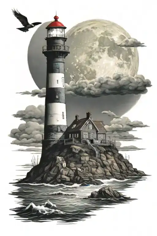 Lighthouse By The Ocean With Moon