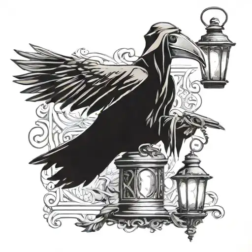 Plague Doctor Holding A Lantern With A Crow Perched On Him