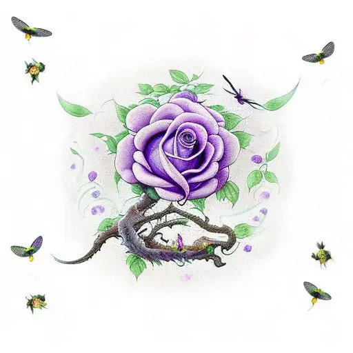 Purple Rose On Treeof Live Surrounded By Dragonflies Under Tne Witchs Moon