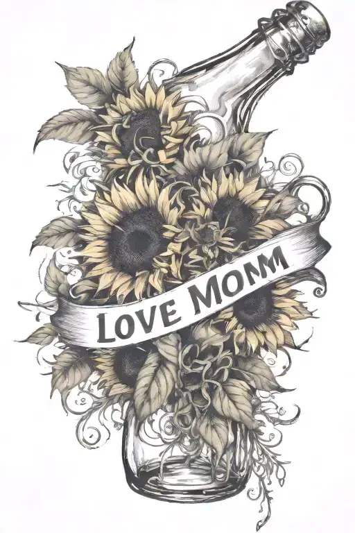 Glass Coke Bottle Writing Up The Side That Says Love Mom With Sunflowers Coming Out The Top