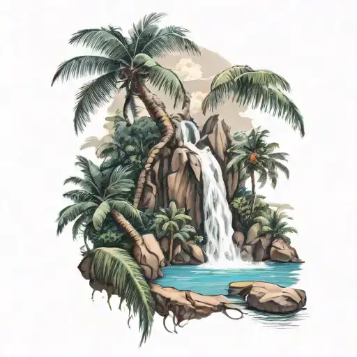 Coconut Tree Connected To Waterfall Flowing