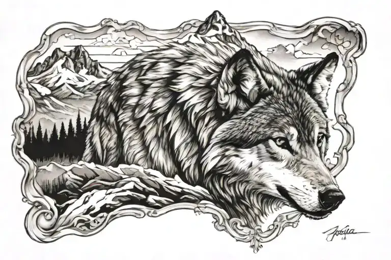 Wolf With Mountain Range