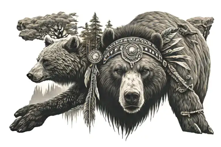 Indian Wearing A Head Dress Shooting A Bear With Trees And Waterfall Behind
