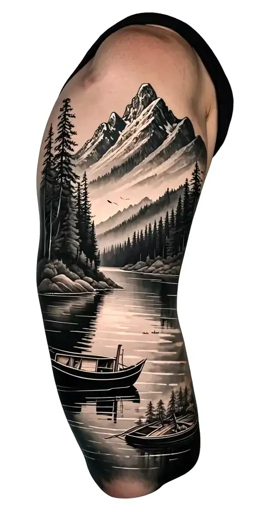 A Black An Grey Tattoo Of A River Mountain Forest Lake Boat
