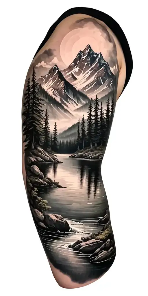 A Black An Grey Tattoo Of A River Mountain Forest Lake