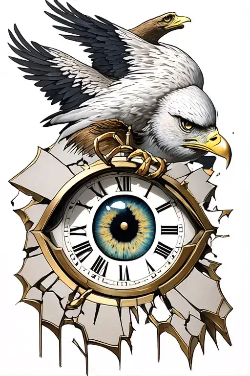 Human Eye With A Broken Clock Around It With An Eagle Underneath