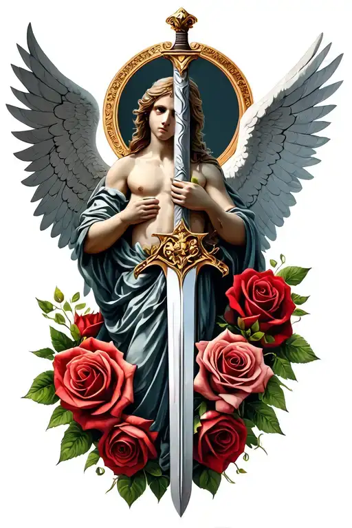Micheal Arch Angel With Sword Wrapped In Roses Intertwined