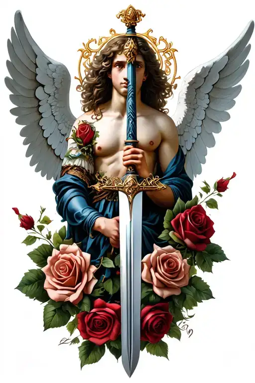 Micheal Arch Angel With Sword Wrapped In Roses Intertwined