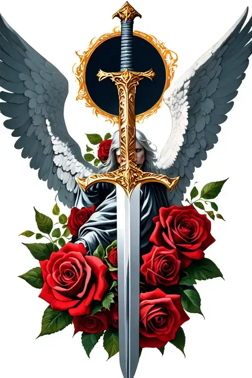 Micheal Arch Angel With Sword Wrapped In Roses Intertwined