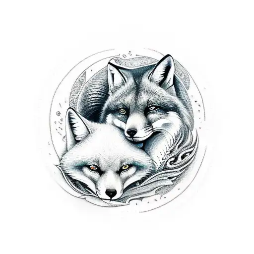 Fox And Wolf Hugging Each Other Like Yin And Yang