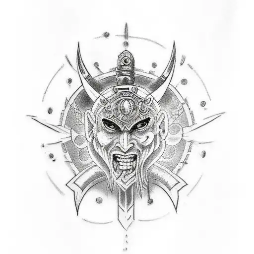 A Warrior With 777 And 666 Symbols Incorporated Into The Armor Design