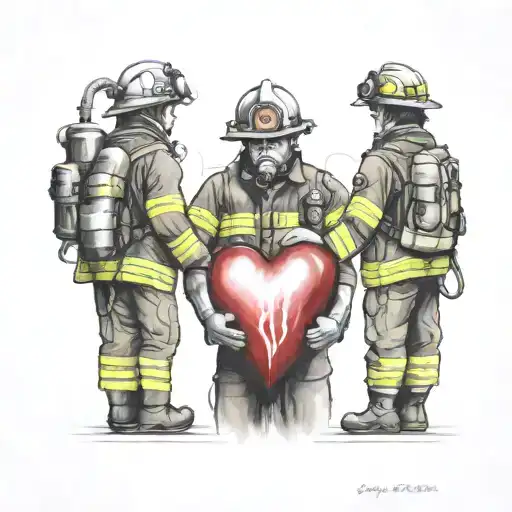 Illustrate A Firefighter Holding Hands With His Daughter And Wife In A Heart-shaped Design Tattoo