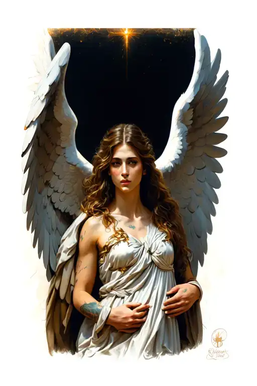 Michael The Archangel Protecting A Woman By Wrapping His Wings Around Her