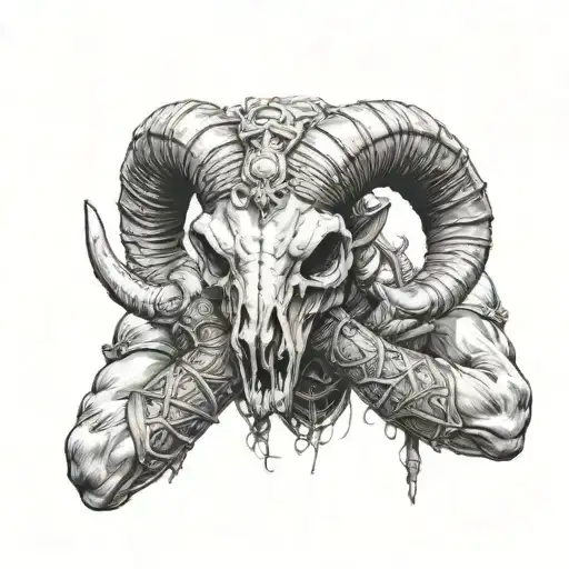 Ram Skull In The Hands Of A Female Warrior Wielding Empathy Tattoo
