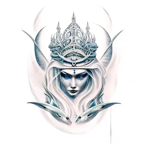 Water Goddess With Sharks Around Her