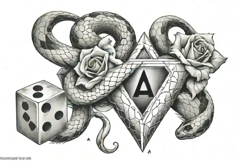Snake Turned Around Rose Diamond With Letter A And 3 Dice
