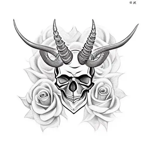 Skull With Horns Interwoven Tribal Flowers