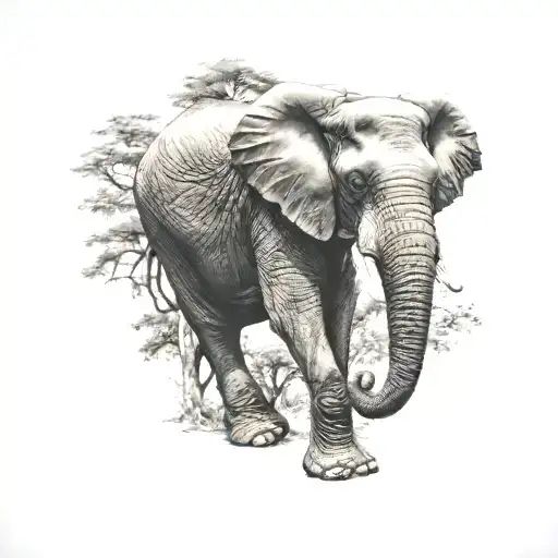 Elephant With It's Trunk Up And Trees Inside The Body