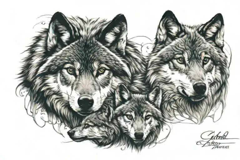 Wolf And 3 Cubs Face Only