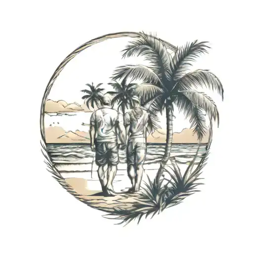 Mom And Dad On A Beach With Palm Trees Tattoo