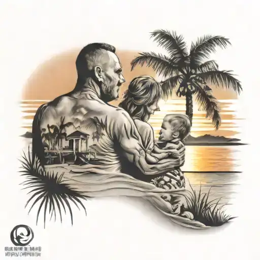 Mom And Dad With Kid On A Beach With Sunset And Palm Tress Tattoo