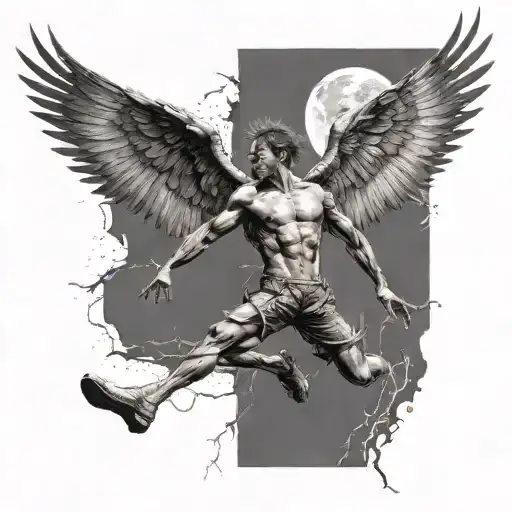 Icarus Falling Amid Lightning Bolts Surrounding