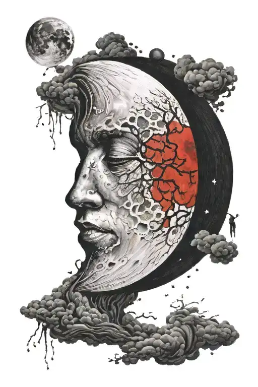 Red Semi Colon On Black And White Full Moon Surrounded