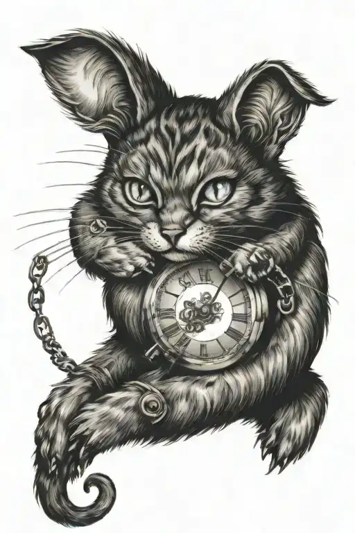 Alice In Wonderland Crazy Cat Holding A Watch With A Wolf Inside