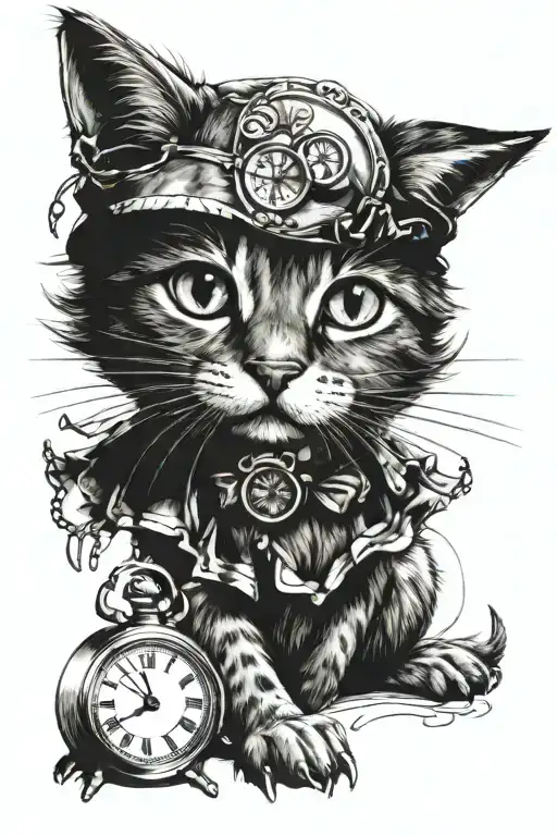 Alice In Wonderland Cat Holding A Watch With A Wolf Inside