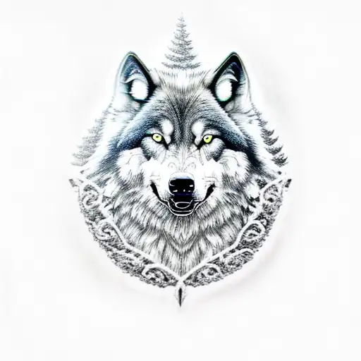 Realistic Angry Black Timber Wolf With Moon On Forehead