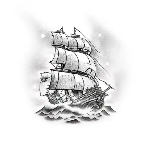 Pirate Ship With Mermaid Sitting On Rock In The Distance Tattoo