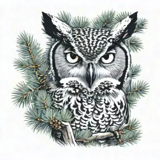 Great Horned Owl With Vibrant Eyes Peaking Through Pine Tree