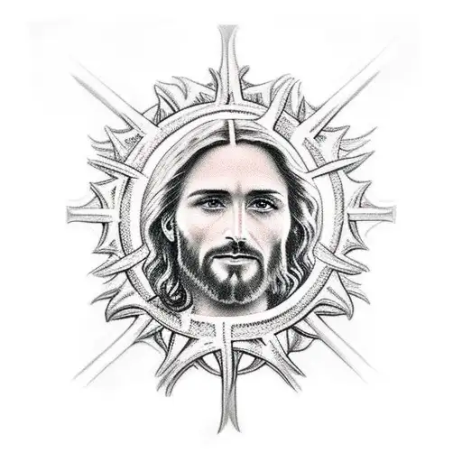 Jesus Wearing Thorn Crown Three Crosses