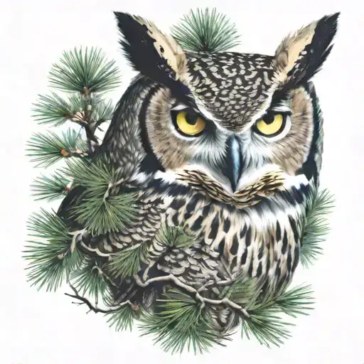 Great Horned Owl With Vibrant Eyes Peaking Through Pine Tree In A Dark Setting