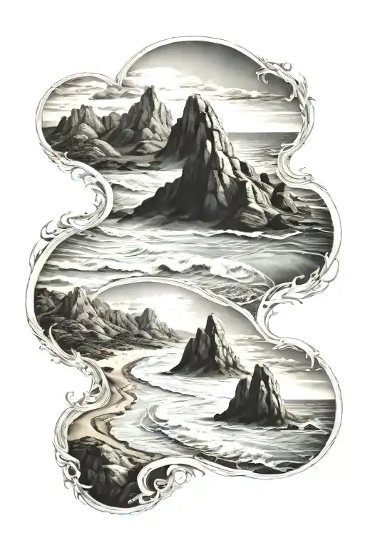 The Ocean Beach Leading Up To A Mountain In Black And Grey