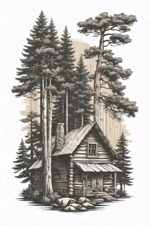 Deep Wood Cabin Surrounded By Tall Pine Trees Background Looking