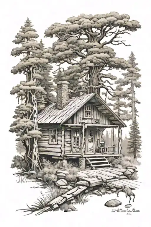 Deep Wood Cabin Surrounded By Tall Oak Trees Background Looking
