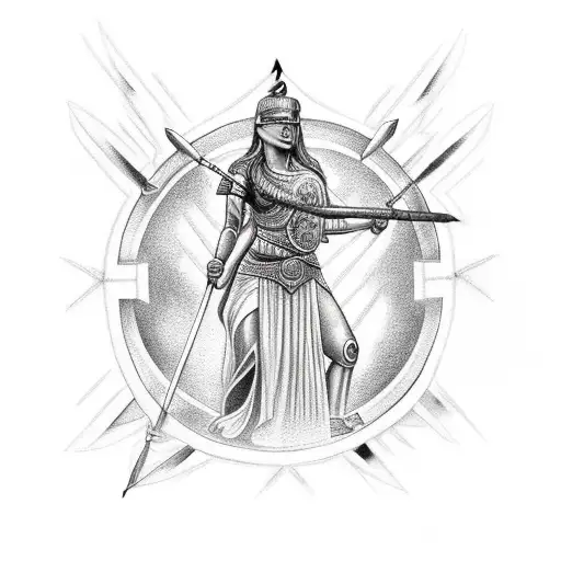 Upper Body Goddess Athena Holding Spear And Shield With Lightning In Background
