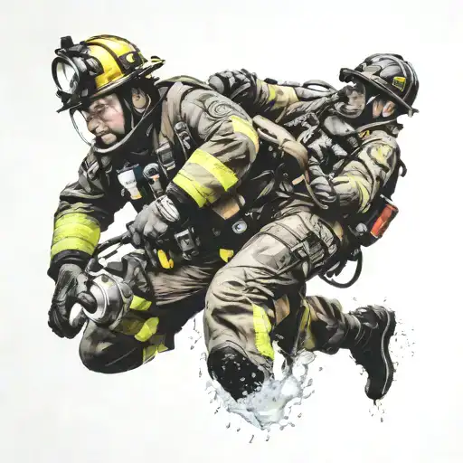 A Powerful Image Of A Firefighter And Navy Diver Working Together To Rescue People In Distress