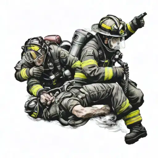 A Powerful Image Of A Firefighter And Navy Diver Working Together To Rescue People In Distress