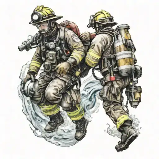 A Powerful Image Of A Firefighter And Navy Diver Working Together To Rescue People In Distress