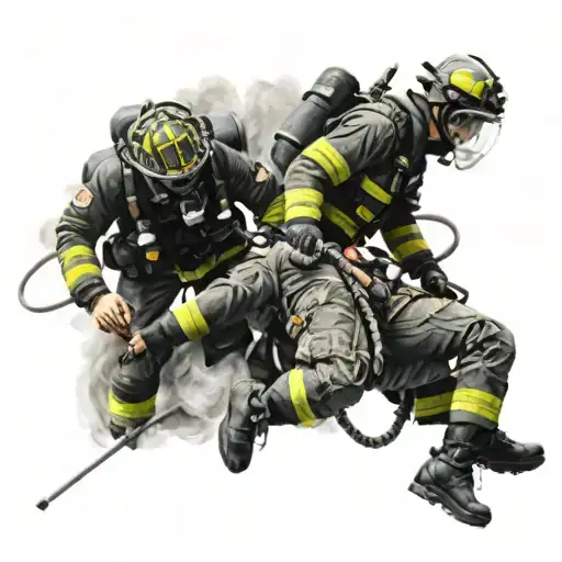 A Powerful Image Of A Firefighter And Navy Diver Working Together To Rescue People In Distress