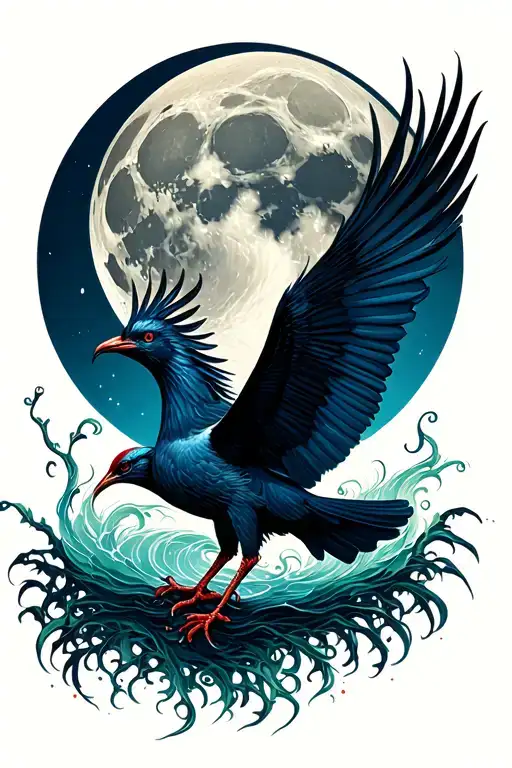 Liverbird Flying Infront Of A Big Moon With A Piece Of Seaweed With The Paisley Gates