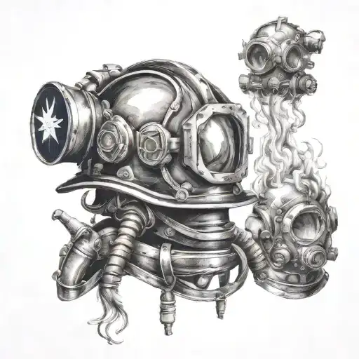 Firefighter Helmet Engulfed In Flames With A Navy Deep Sea Diver Helmet Integrated Into The Design